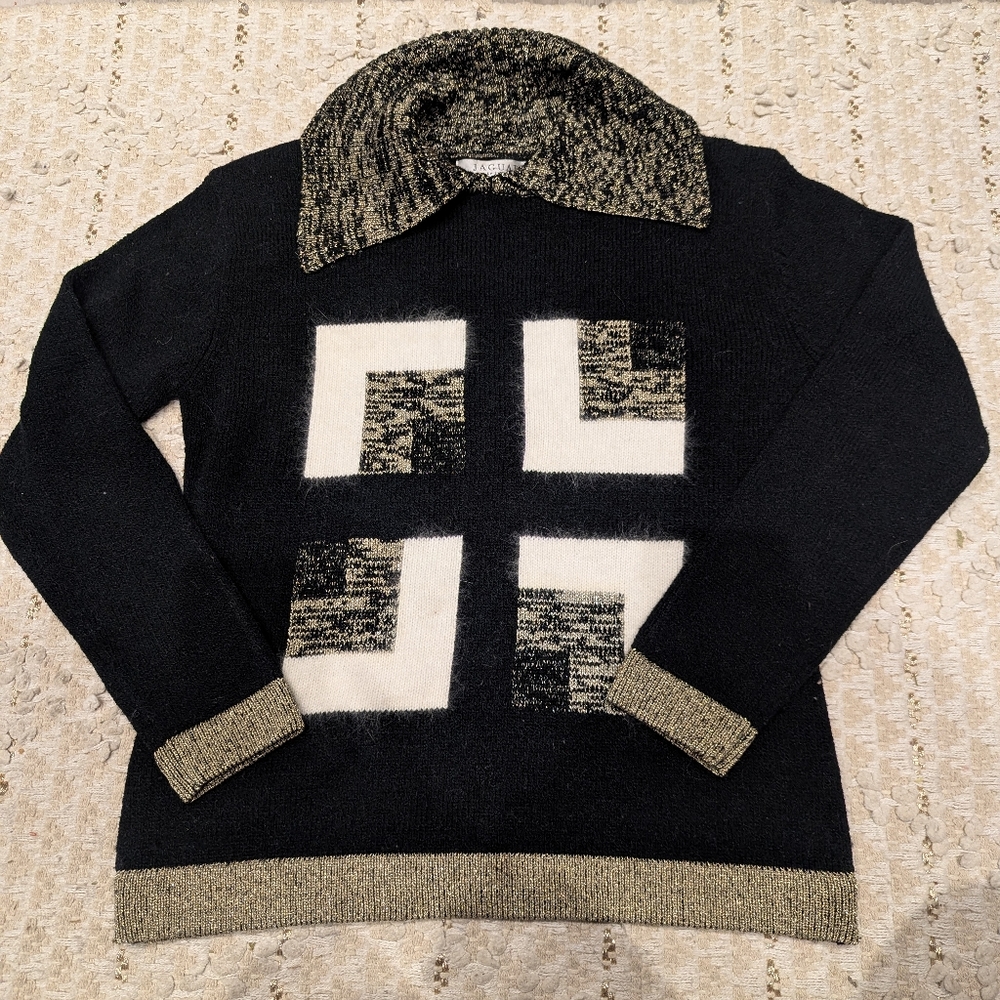 Gold, Black and White Sweater with Geometric Design